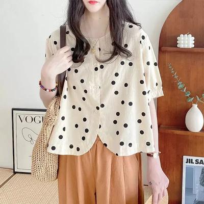Women's Beige Polka Dot Short Sleeve Button Front Blouse Casual Loose Fit Shirt