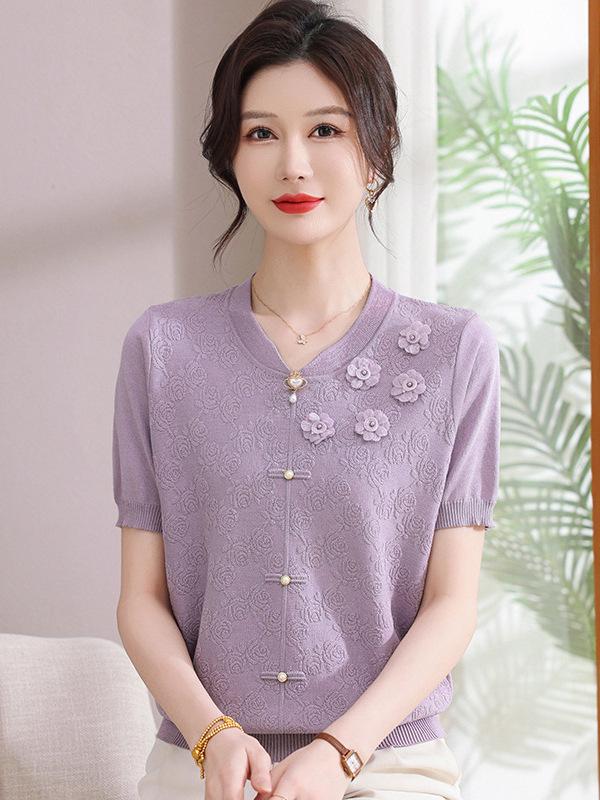 2026 Stylish Ice Silk Knit Short-Sleeve T-Shirt for Moms: Chinese Style Summer Top for Middle-Aged and Elderly Women