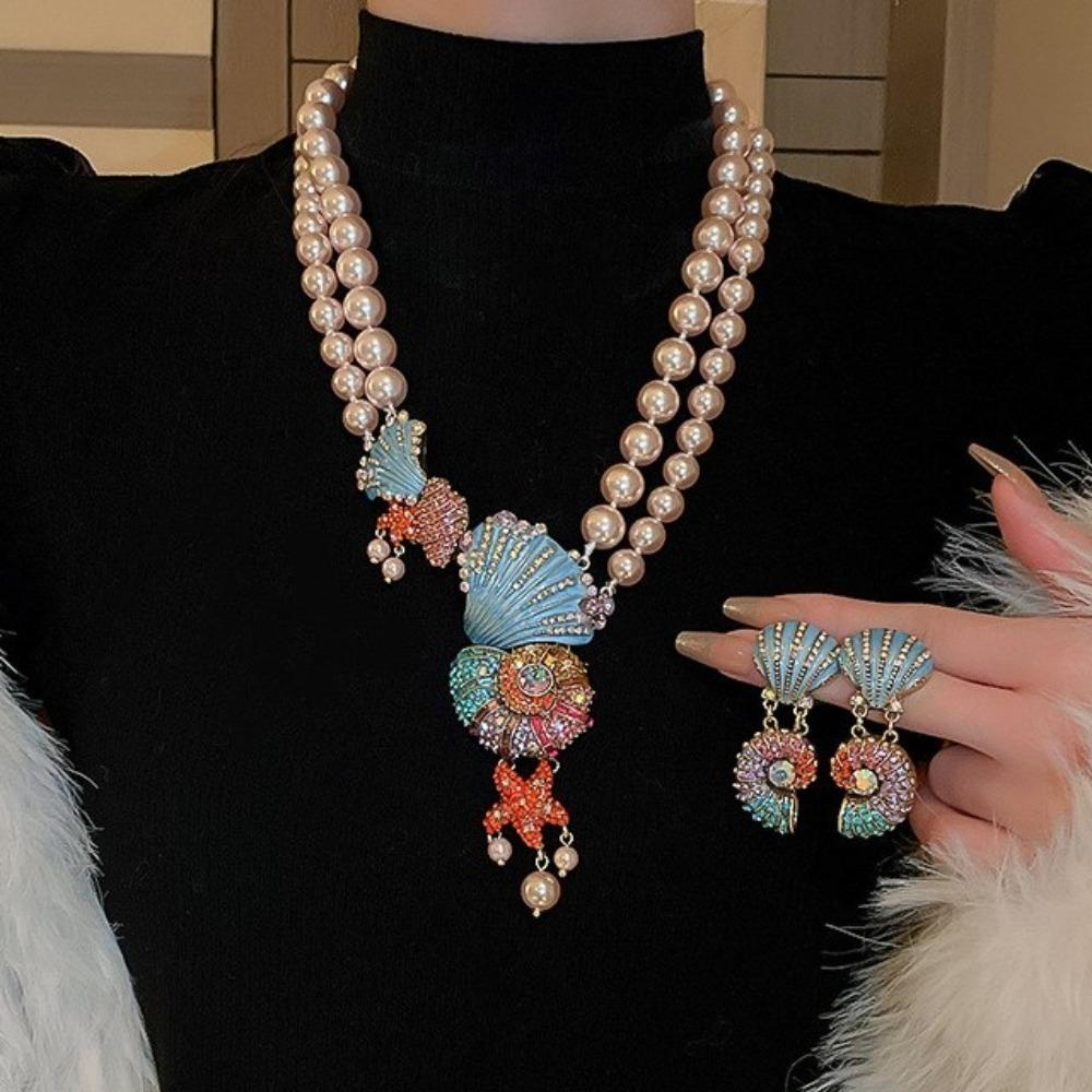 

Exaggerated Pearl Beaded Necklace Luxury Beach Style Jewelry Retro Shell Conch Earrings Women Earrings