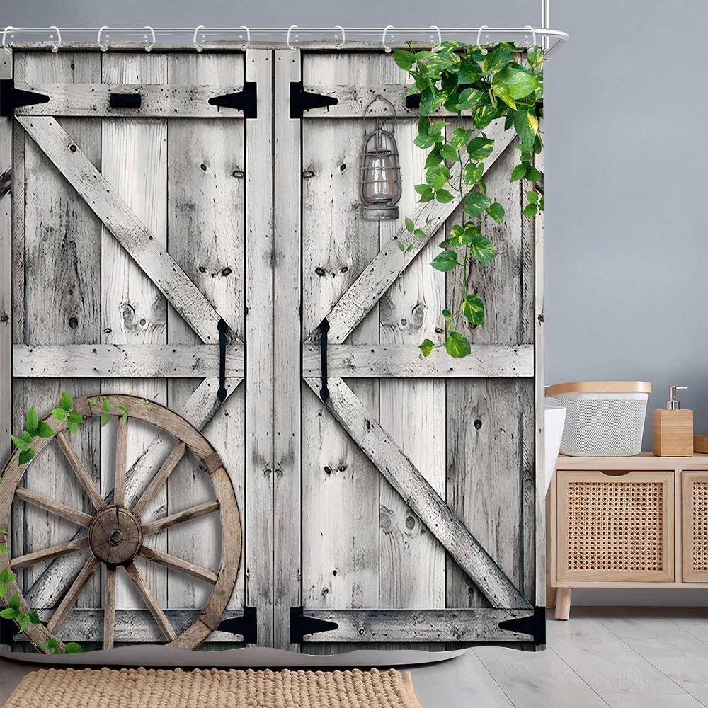 Vintage Wooden Door Shower Curtain Rustic Door Window Wheel Botanical Barn Polyester Shower Curtains Bathroom Decor with Hooks