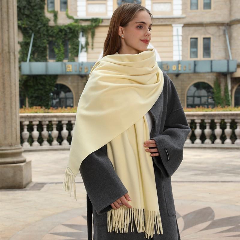 Womens Solid Color Wool Scarf With Fringe Winter Warm Shawl Mens Lightweight Cashmere-Blend Wrap Korean Style