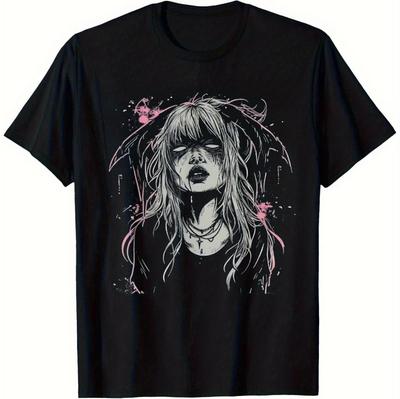 Sommer Gothic Teufelsmädchen Anime Horror T-Shirt - Schwarz und Pink Comic-Stil Rundhals-T-Shirt, Teufelsdruck Modisches T-Shirt