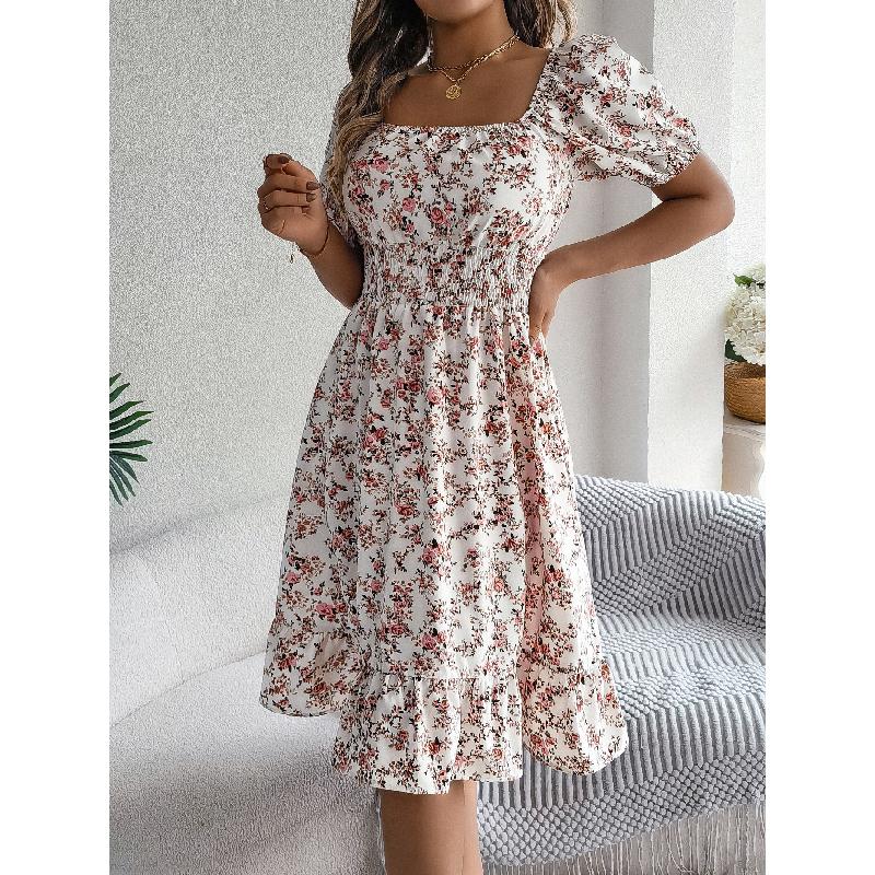 2026 Spring/Summer New Floral Print Square Neck Short Sleeve Waist-Cinching Ruffle Hem Women's A-Line Dress