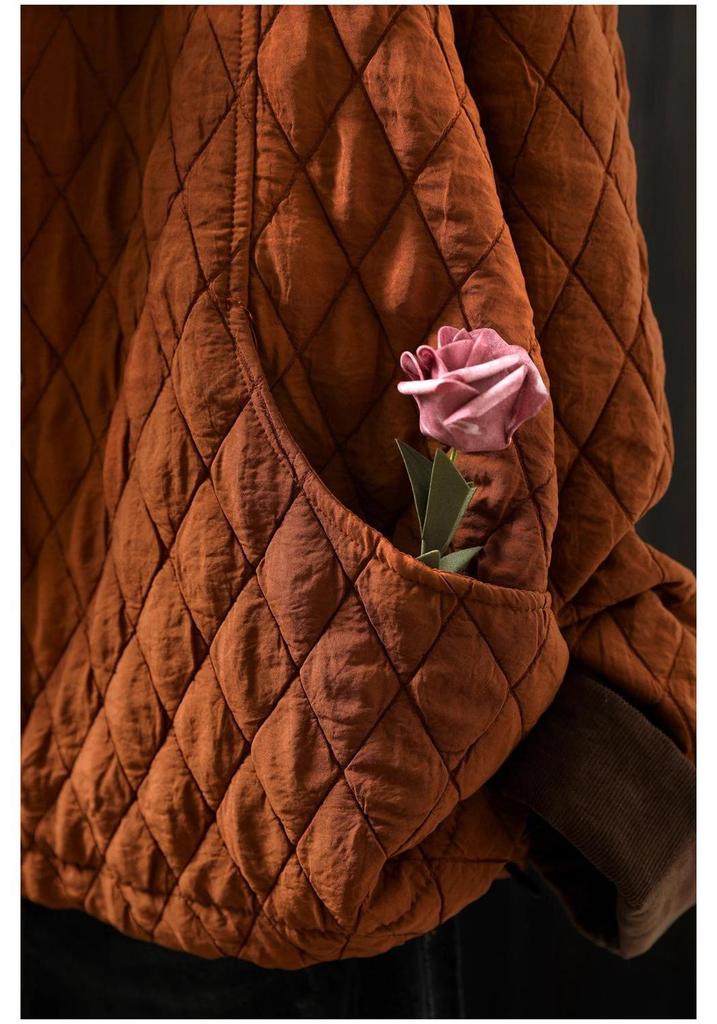 Chaqueta de Algodón con Capucha Acolchada de Diamantes para Mujer - Petite, Holgada, Informal, Ligera, Tendencia Invierno 2025
