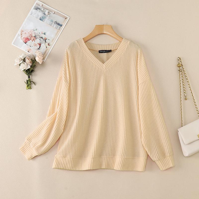 ZANZEA Lässige, einfarbige Bluse mit langen Ärmeln und V-Ausschnitt für Damen