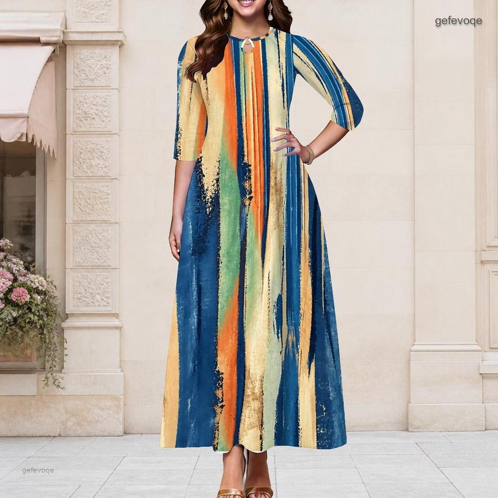 Women Plus Size Keyhole Neck 3 4 Sleeve Blue Green Abstract Print Long Maxi Dress
