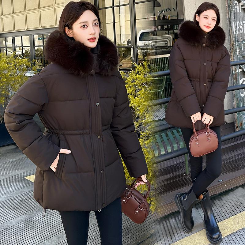 Atmosphere women's cotton-padded clothes, large twill fur collar, hooded medium and long drawstring, waist, daily travel looks good