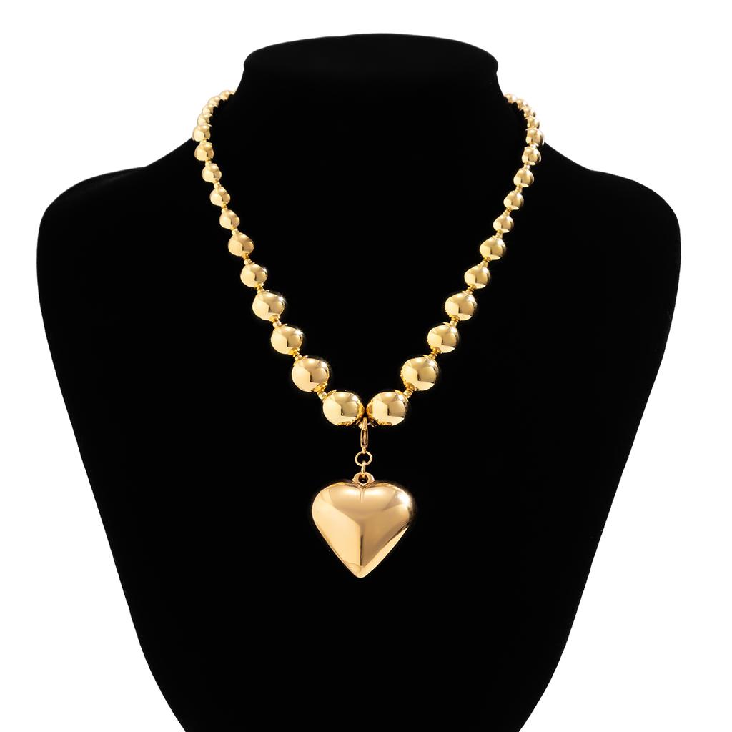 IngeSight.Z Punk Metal CCB Beaded Big Peach Heart Pendant Necklace for Women Vintage Gold Color Beaded Choker Necklace Party