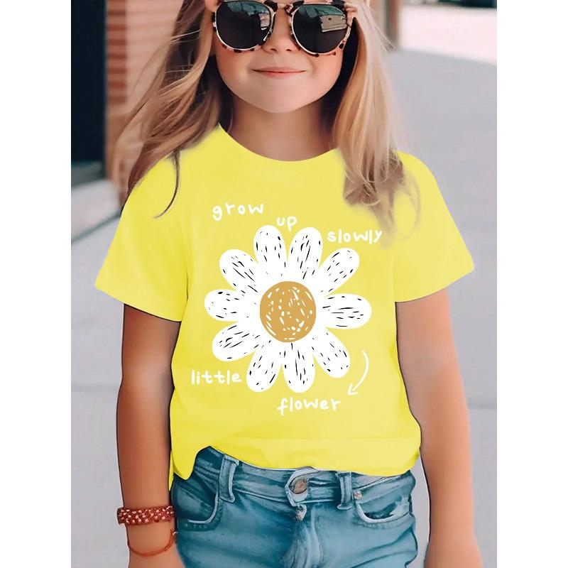 Europäische Größe Sommer Mode Mädchen Kurzarm T-Shirt mit kleinem Blumenmuster Aufdruck Geeignet für Freizeitkleidung und Vielseitig für Alle Anlässe