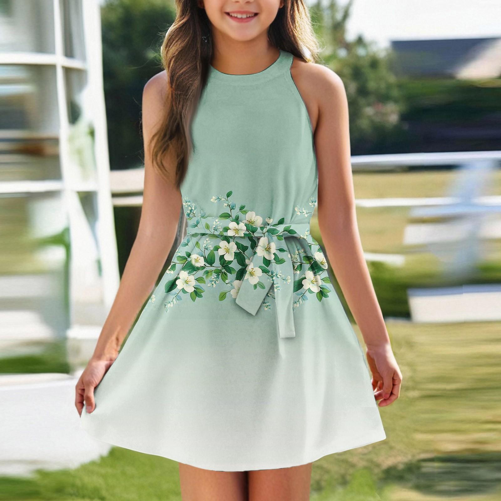 

Летнее платье для девочек Платье без рукавов на бретельках Однотонное платье без рукавов с принтом Повседневное платье 160