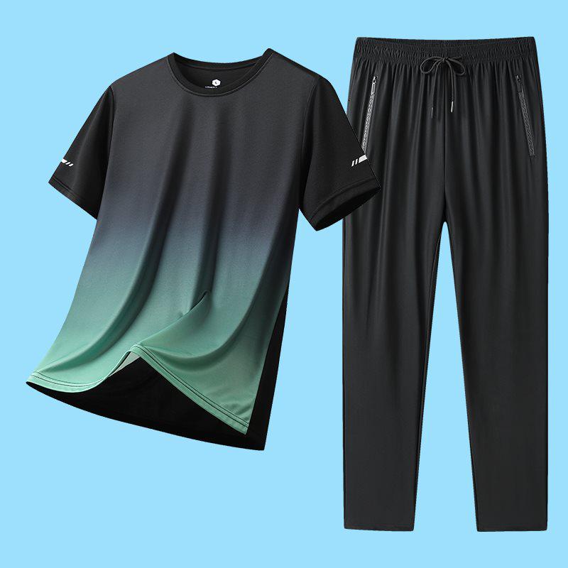 2026 Summer Men's Ice Silk Casual Sports Set: Round Neck Short Sleeve & Long Pants