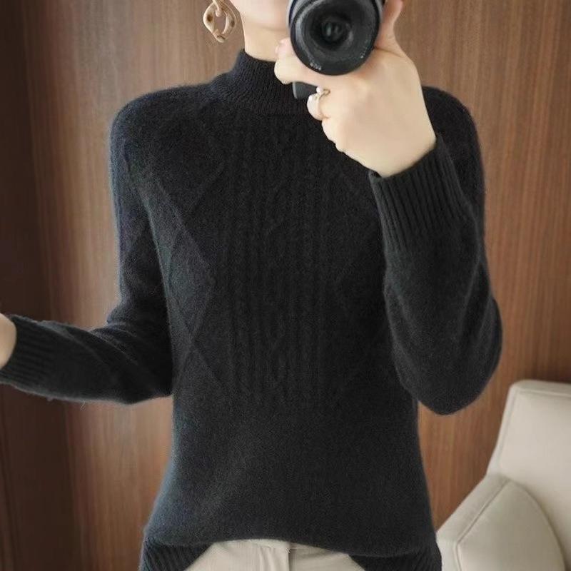 Half Turtleneck Sweater for Women Solid Color Casual Warm Knitted Sweater Thickened Loose Long-sleeved Pullover Autumn and Winter