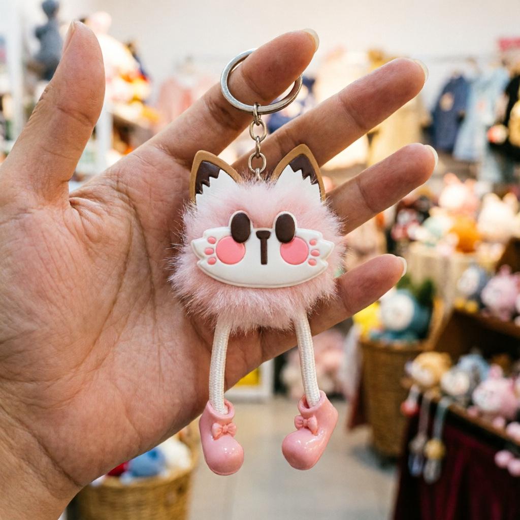 Charming Lucky Cat Plush Keychain with Imitation Mink Fur Ball