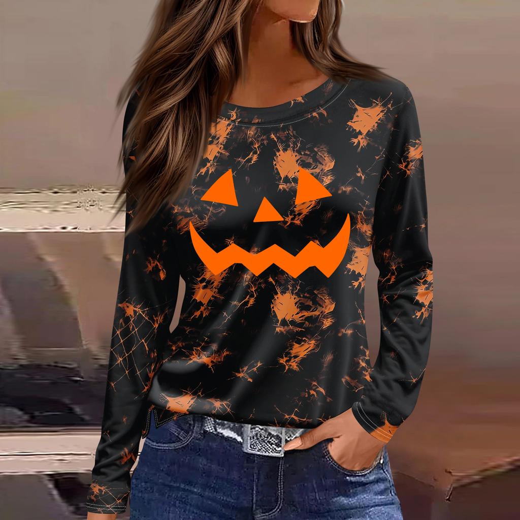 Women's Long Sleeve Halloween Print Top with Round Neck and Side Slit Hem