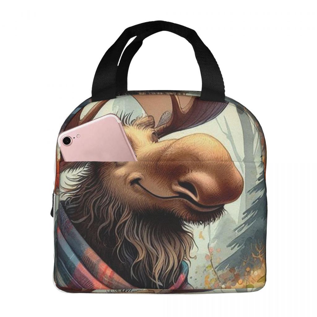 Cartoon Moose Oil Painting Insulated Lunch Bag for Women Children Portable Food Boxes Thermal Lunch Box Tote