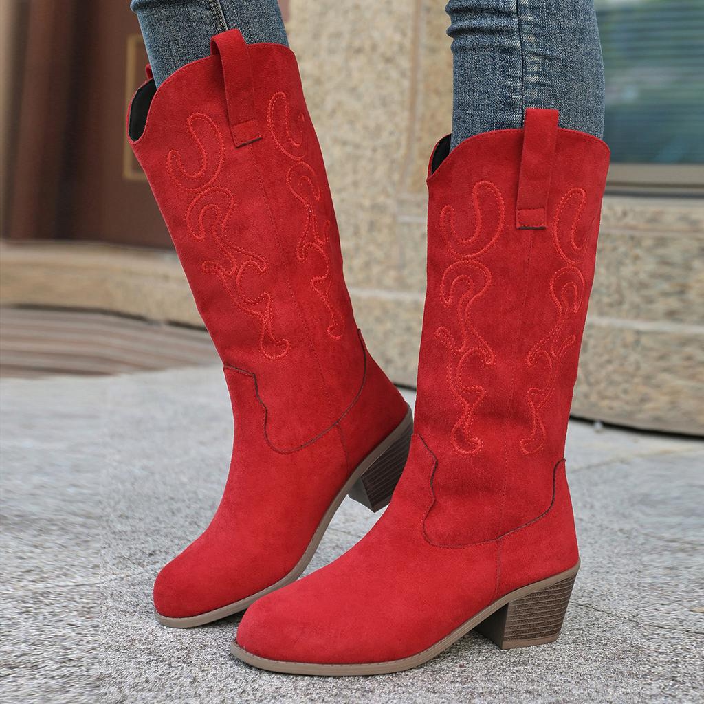 Large Size Women's Embroidered Boots 2025 Autumn and Winter New Retro Round Head Thick Heel V Mouth Western Cowboy Boots
