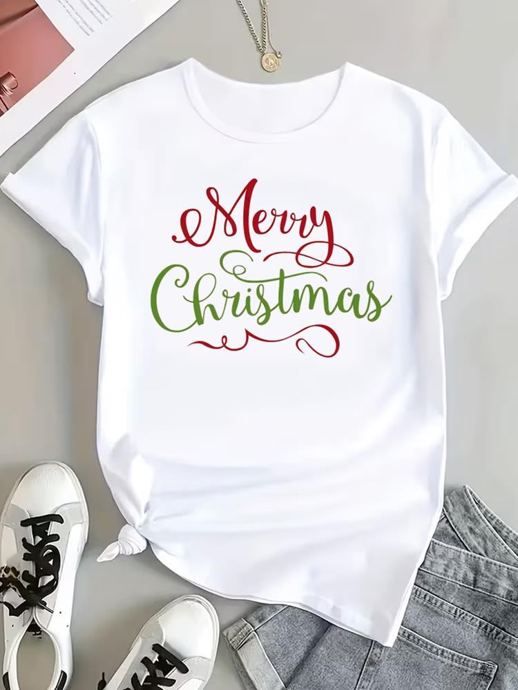 (Asian Size) Tree Cute 90s Tee Top Print New Year Clothing T Shirt Women Fashion Christmas Festival Woman Short Sleeve Graphic T-shirts