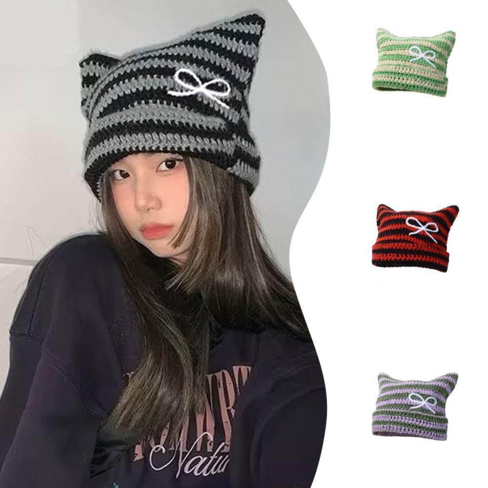 

Warm Cute Cat Ears Beanie Hats Y2K Litter Demon Cap Soft Stripe Knitted Hat Outdoor