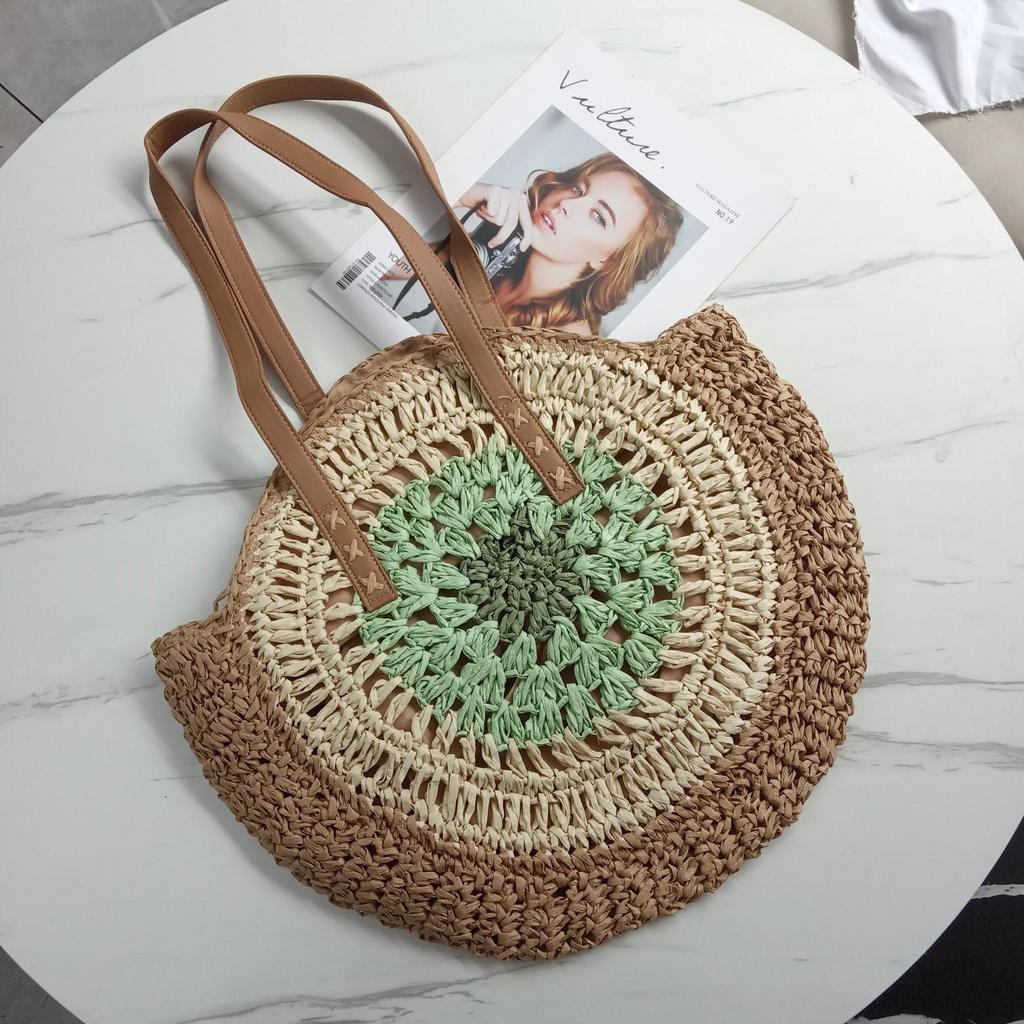Women's Round Crochet Straw Tote with Leather Belt Accent for Casual Travel and Vacation