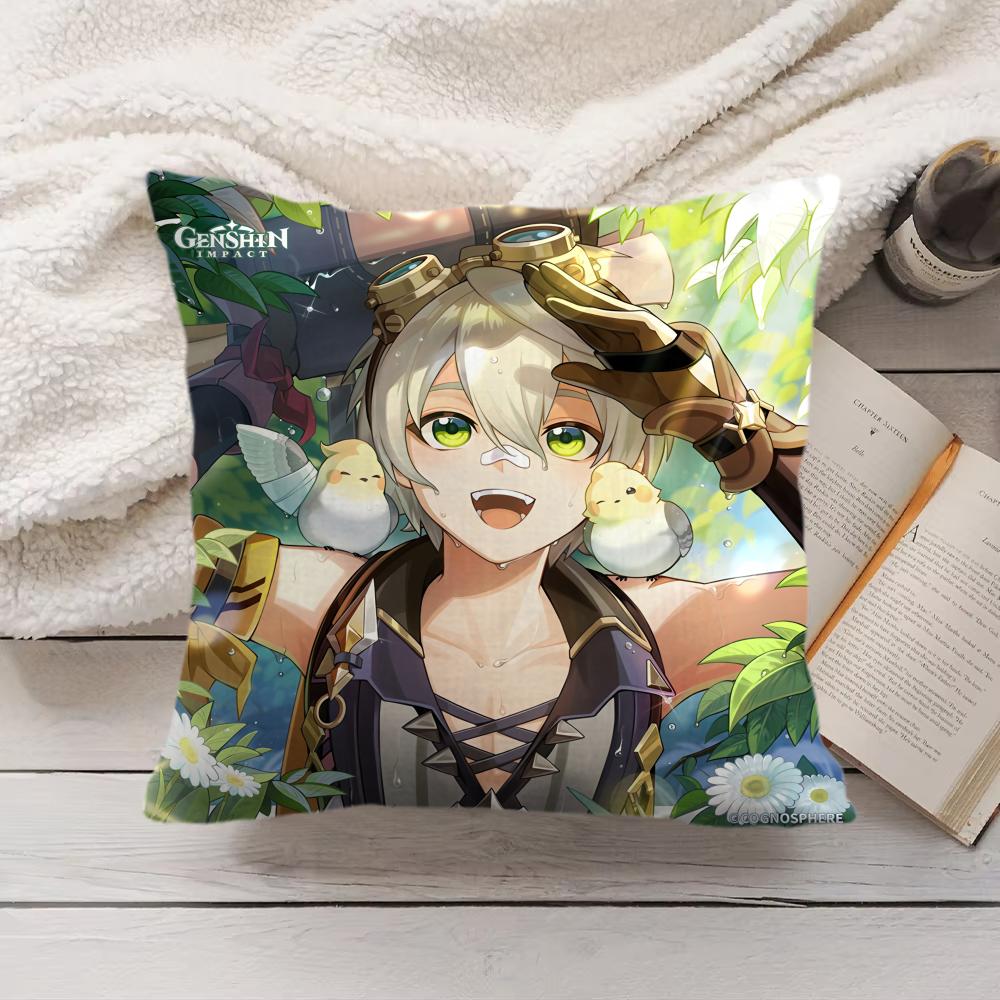 

Bennett Genshin Impact Cute Cushion Cover Silky Short Plush Invisible Zipper Dustproof Sofa Pillow Case For Home Decor 30x30cm