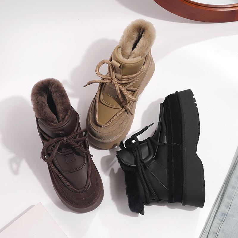 Cowhide snow boots women's new winter leather warm medium tube short diagonal women's cotton shoes boots