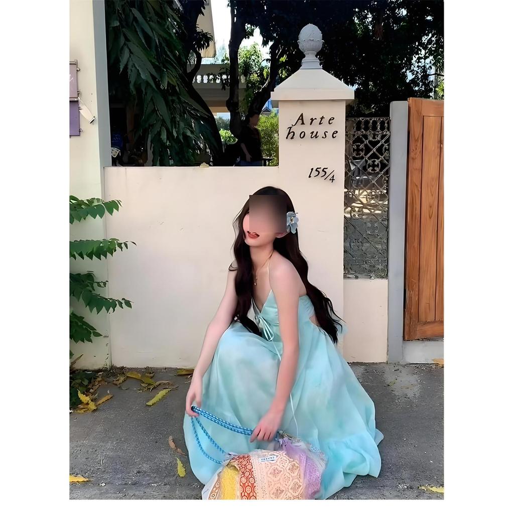 Travel wear beach dress seaside vacation neck sling dress backless strap big swing dress