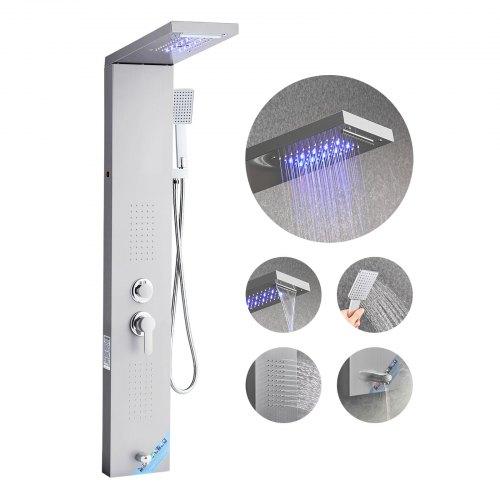 VEVOR Shower Panel Tower System with Rainfall Waterfall Shower Head, LED, 53 In Brushed Stainless Steel Shower Column, 5-Function Faucet
