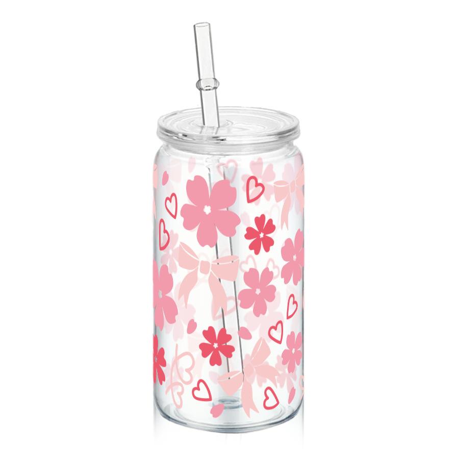 16oz Cute Bow Plastic Cup with Lid Bow Cherry Graffiti Pattern Water Bottle for Kitchen Coffee Straw Cups Beverage Juice Cups