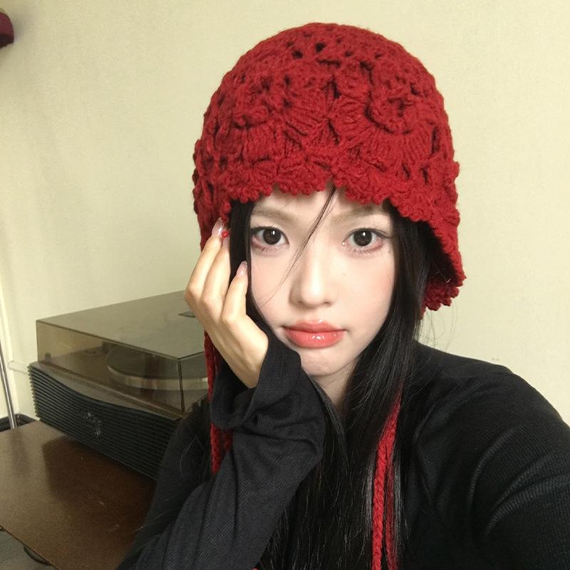 Autumn and Winter Crochet Bag Hat Women's Wheat Ear Fringed Knitted Hat Fashion Literary Pullover Hat Trendy Wool Hat