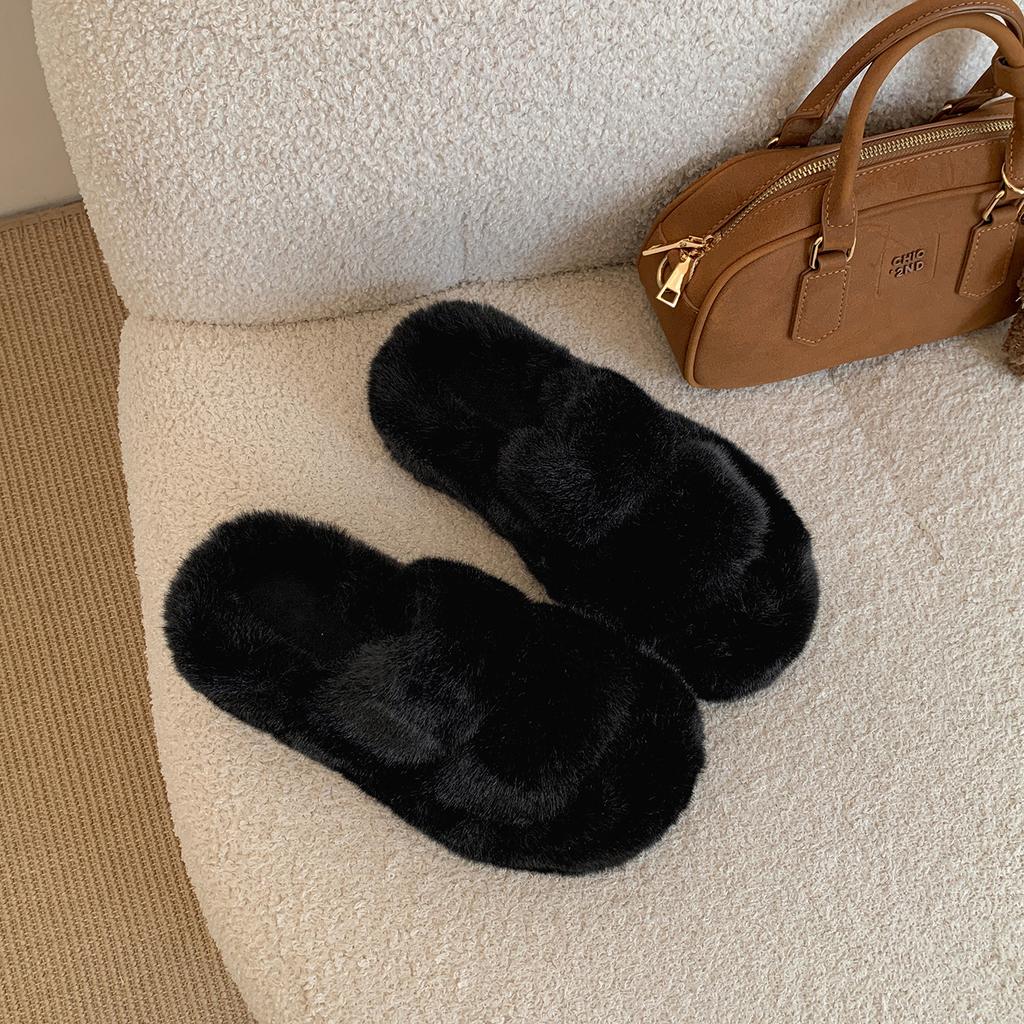 Popular Internet celebrity black French thick-soled fluffy slippers women's 2025 new autumn and winter outer wear with skirt soft-soled cotton mop