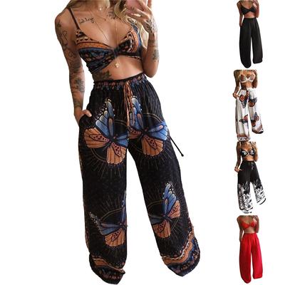 Women Boho 2 Piece Outfit Sets Bohemian Butterfly Print Crop Top+Wide Leg Long Palazzo Pants Summer Beachwear