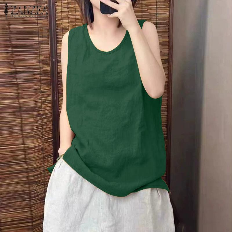 ZANZEA Maiuri casual pentru femei, cu gât rotund, de culoare solidă, fără mâneci