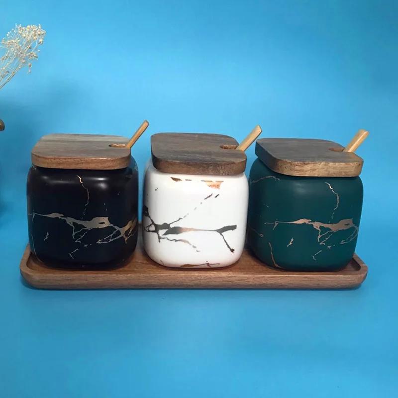 Matte Marble Pattern Ceramic Kitchen Spice Jar Oiler Set Wooden Cover Salt Shaker Spice Jar Kitchen Condiment Storage Rack Set