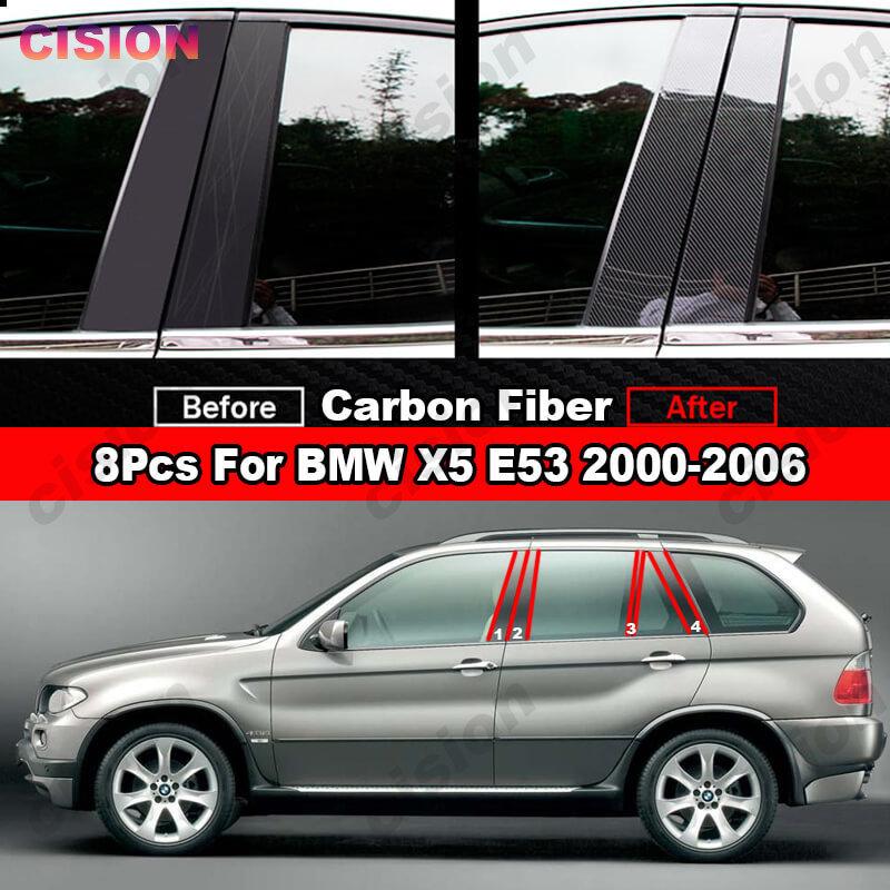 8x Mirror Effect Car Window Door Column B C Pillar Post Cover Trim For BMW X5 E53 2000-2006 Glossy Black Carbon Fiber PC Sticker