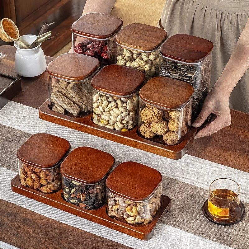 Quality Glass Sealed Canister Kitchen Food Storage Bottles with Walnut wood Lid Jars Grains Tea Leaf Coffee Beans Candy Jar