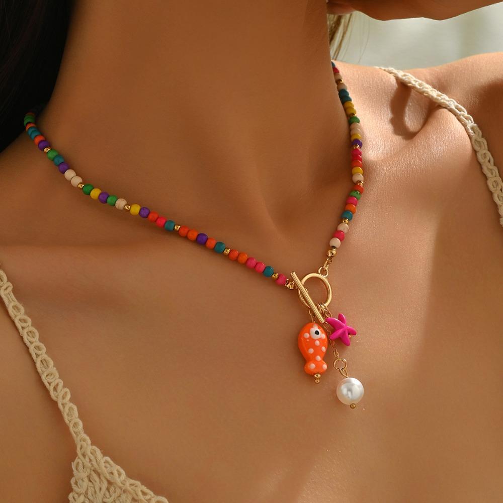 Collar Colgante de Peces de Cerámica Colorido Bohemio para Mujer Hecho a Mano con Cuentas Perla Estrella de Mar Collar Joyería para Vacaciones de Verano