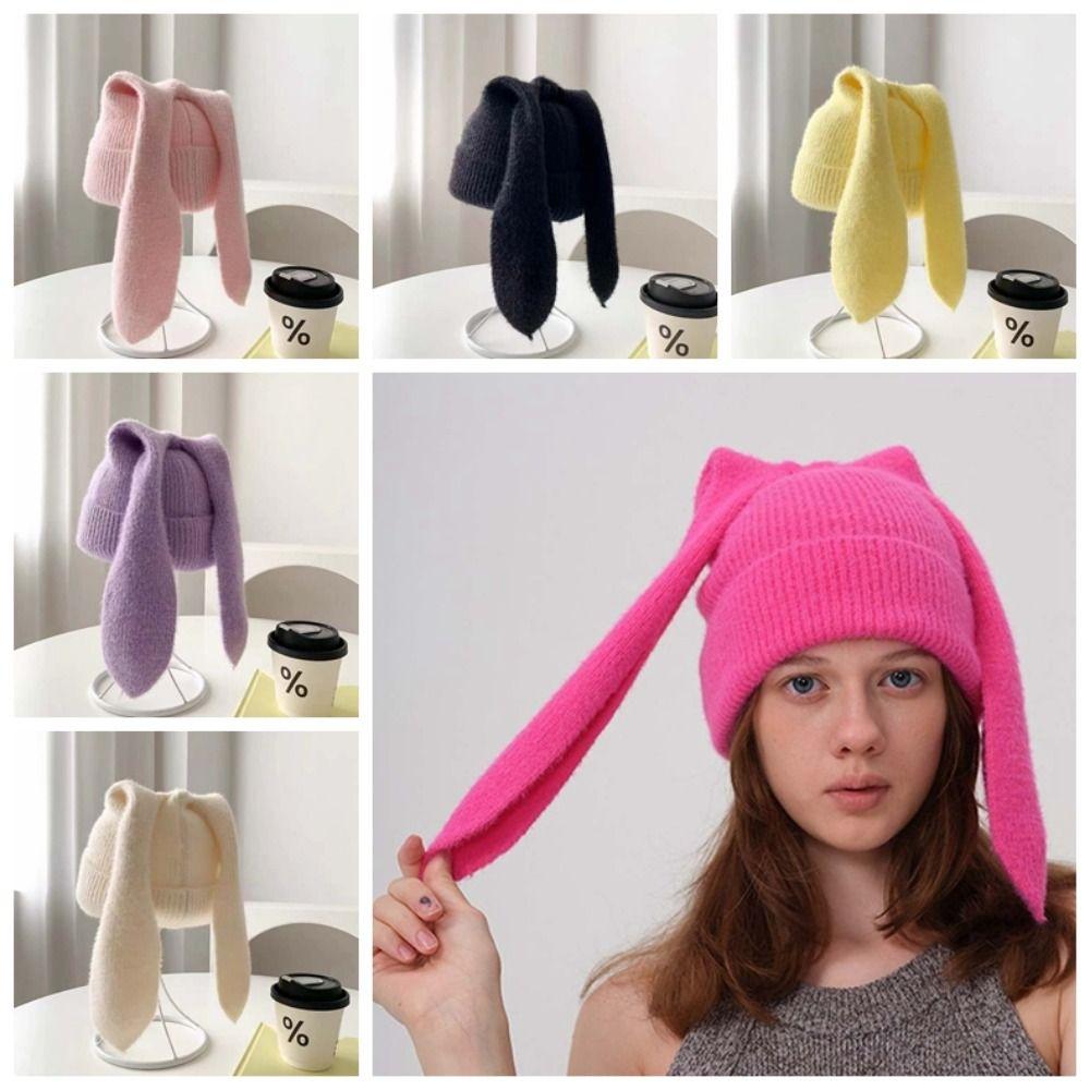 Elastic Rabbit Ears Cap Trendy Solid Color Knitted Hat Versatile Brimless Beanie Hat Outdoor