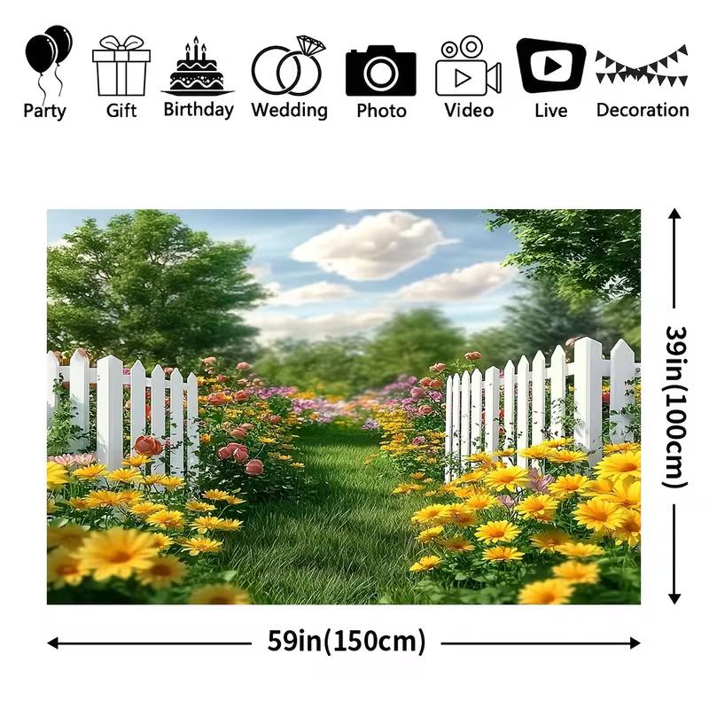 2D White Picket Fence Colorful Flower Sunny Garden Backdrop