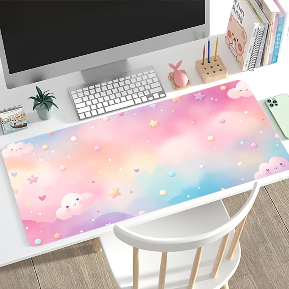 Pastel Cloud Kitty Gaming Mouse Pad Non Slip Rubber Stitched Edge Keyboard Table Mat For Laptop Office Desktop Decor