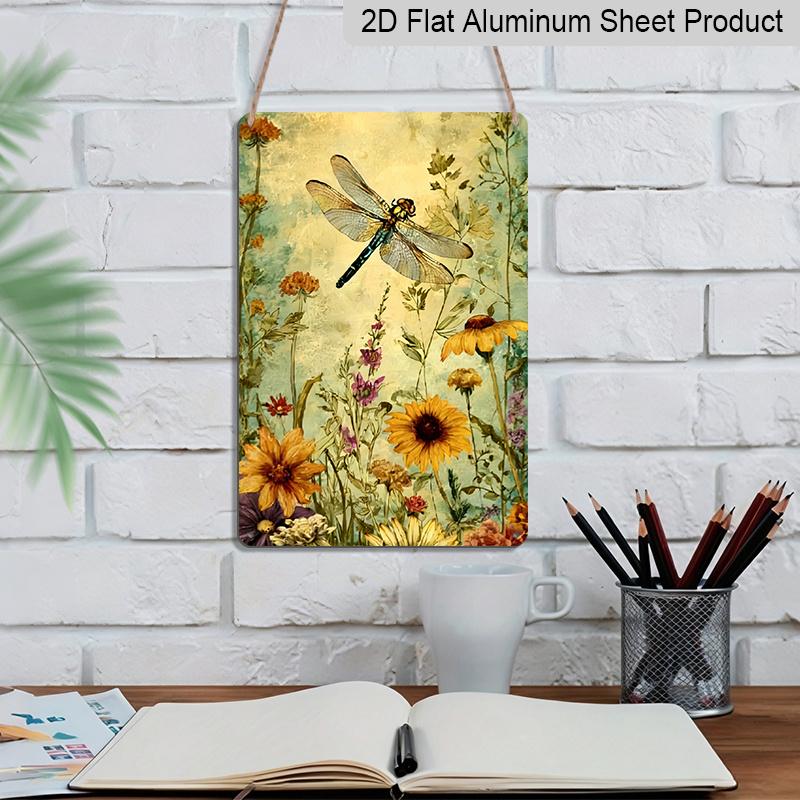 2D Flat - 1pc Vintage Dragonfly Floral Metal Sign | Aluminum Wall Art Decor, Garden Cafe Garage Engraving, 8x12 Inch, for Home Restaurant Indoor