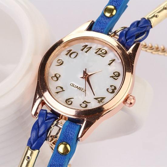 Kobiety w stylu vintage wielowarstwowa pleciona bransoletka ze stopu sztucznej skóry Wrist Watch Jewelry
