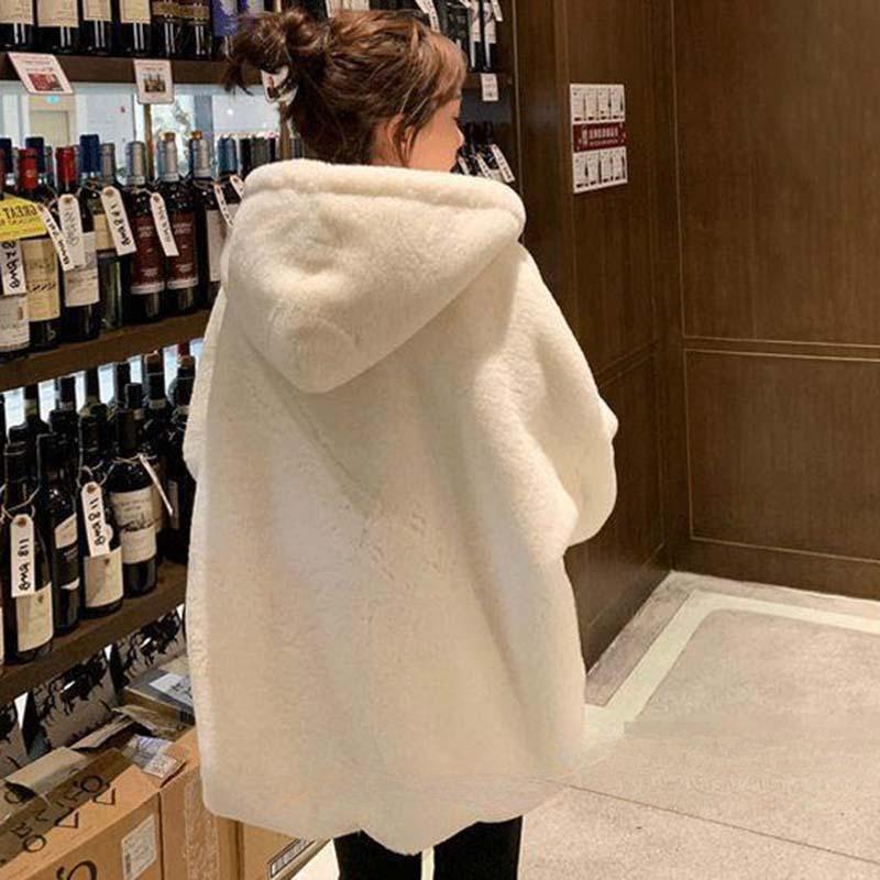 Veste Femme Mode Chaude Fausse Fourrure à Capuche Ample Mignonne Manteau en Peluche Longueur Moyenne Coupe Ample Manteau d'Extérieur Automne Hiver