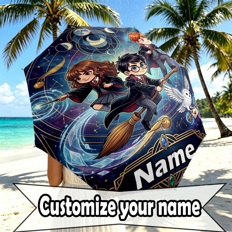 Custom Name Personalized Harry potter Print Umbrella, Auto Open Close, 8‑Rib Sturdy Frame, Commute Camping Hiking Use, Birthday Gift