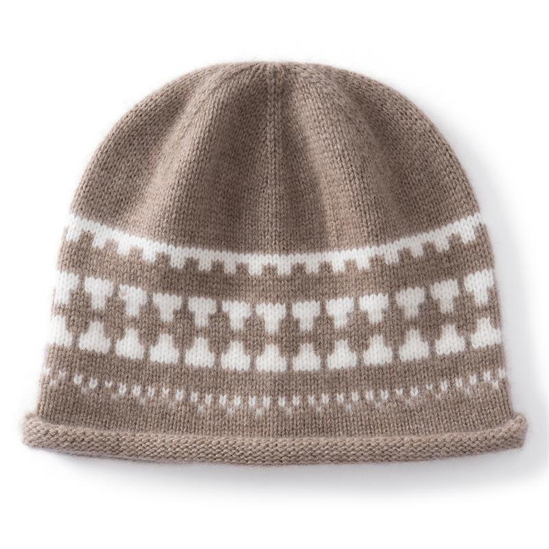 Vintage Fair Island Jacquard Knitted Cold Hat Women's Autumn and Winter Big Head Circumference Curled Wool Hat Warm Face Small Hat