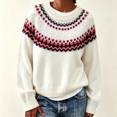 Suéter de punto oversize para mujer con diseño Fair Isle, ajuste holgado, cuello redondo, jersey de invierno