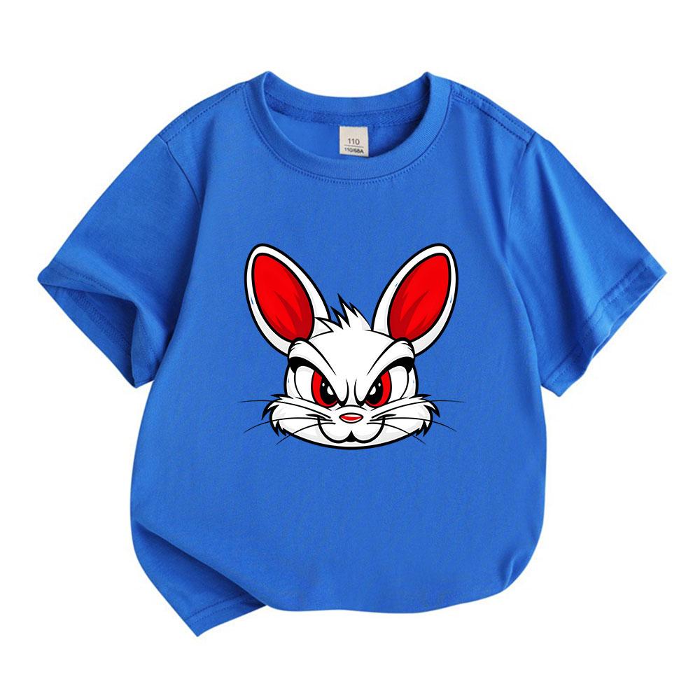 Kids Boys Girls 100% Cotton Crew Neck Short Sleeve T-Shirt, Cool Angry Cartoon White Bunny Red Eye Pattern Casual Soft Tees for Children Daily Outdoor