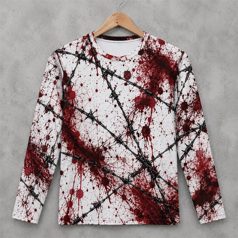 Druk 3D Horror Czerwone Plamy Krwi Wzór Halloweenowa Koszulka z Długim Rękawem Dla Mężczyzn Vintage Halloweenowa Impreza Osobowość OOTD Koszulka Top