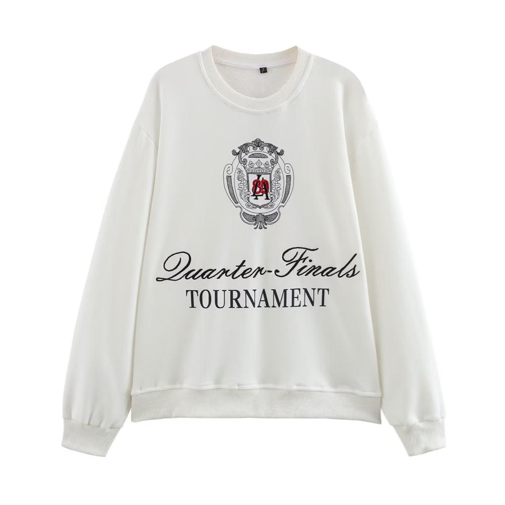 

Весна 2025 Женский вышитый пуловер с круглым вырезом и комплект свободных длинных брюк Large (L) белый