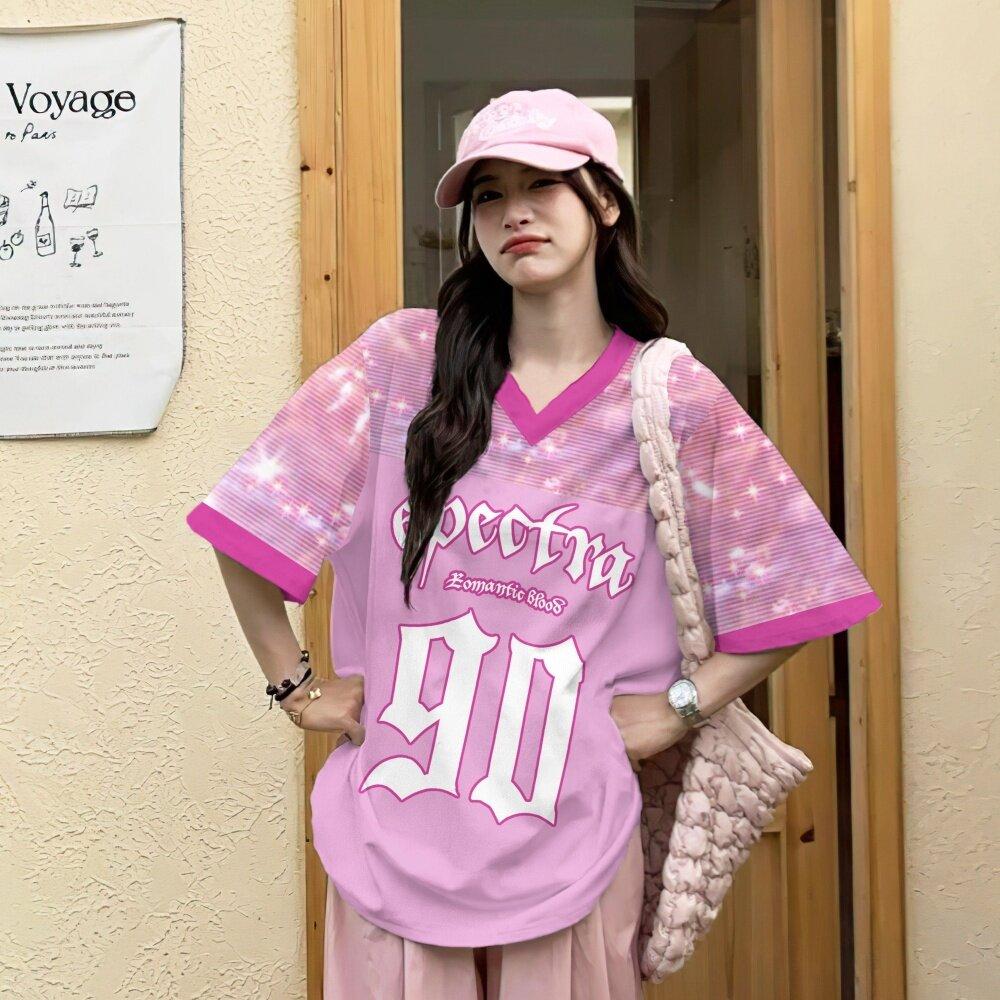 Korean women's T-shirt V-neck short sleeved top with digital pattern printed women's Jersey T-shirt