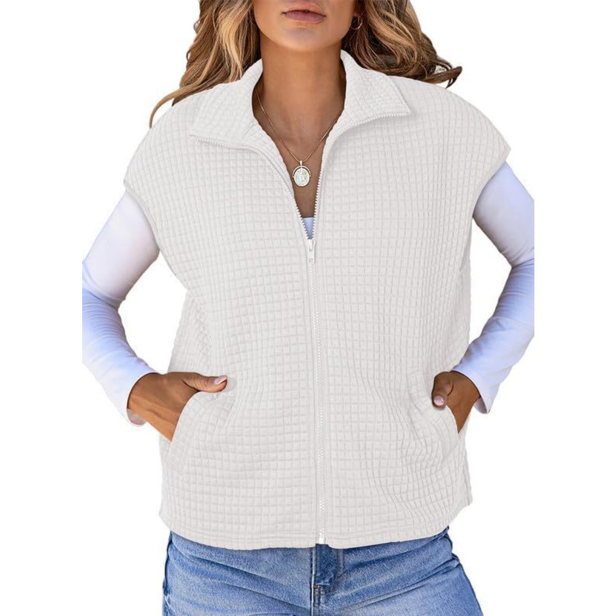Women s Lapel Zip Up Sleeveless Waffle Knit Vest With Pockets Loose Casual Fall Waistcoat S белый
